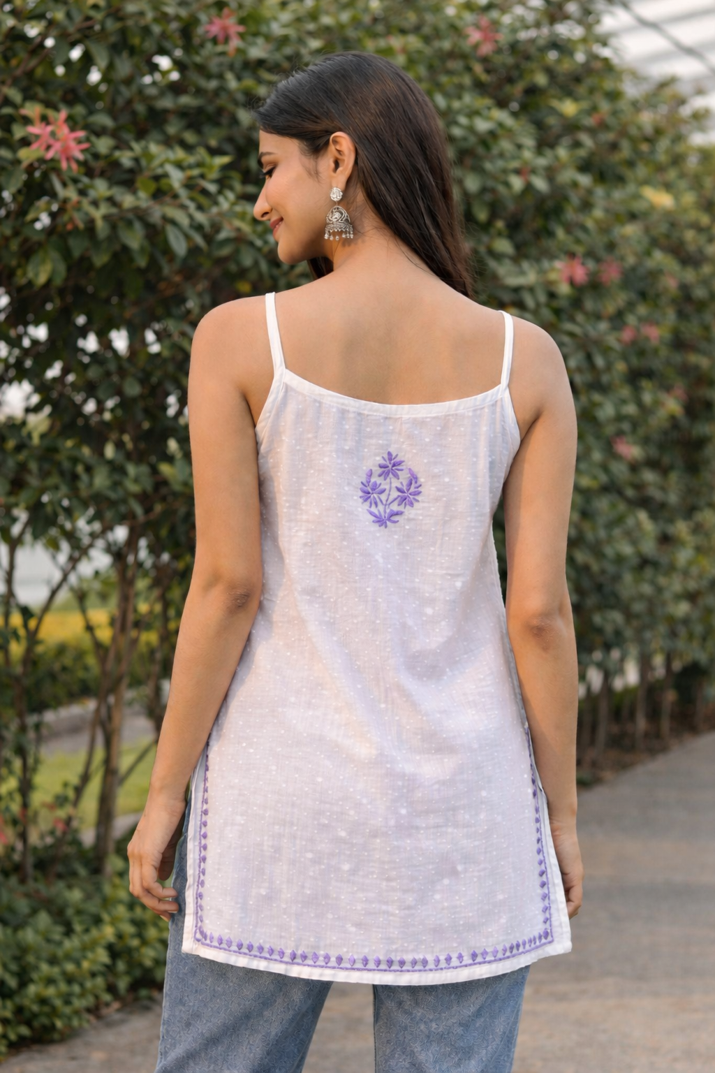Hand Embroidered Chikankari Kurti - White & Purple