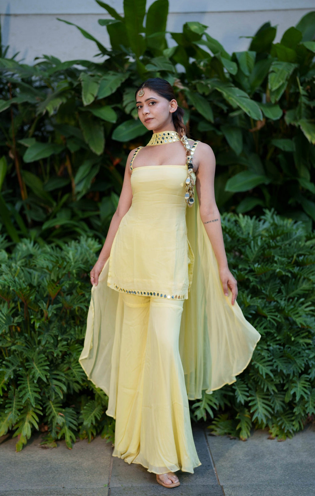 Yellow Mirror Work Sharara - Hand Embroidered