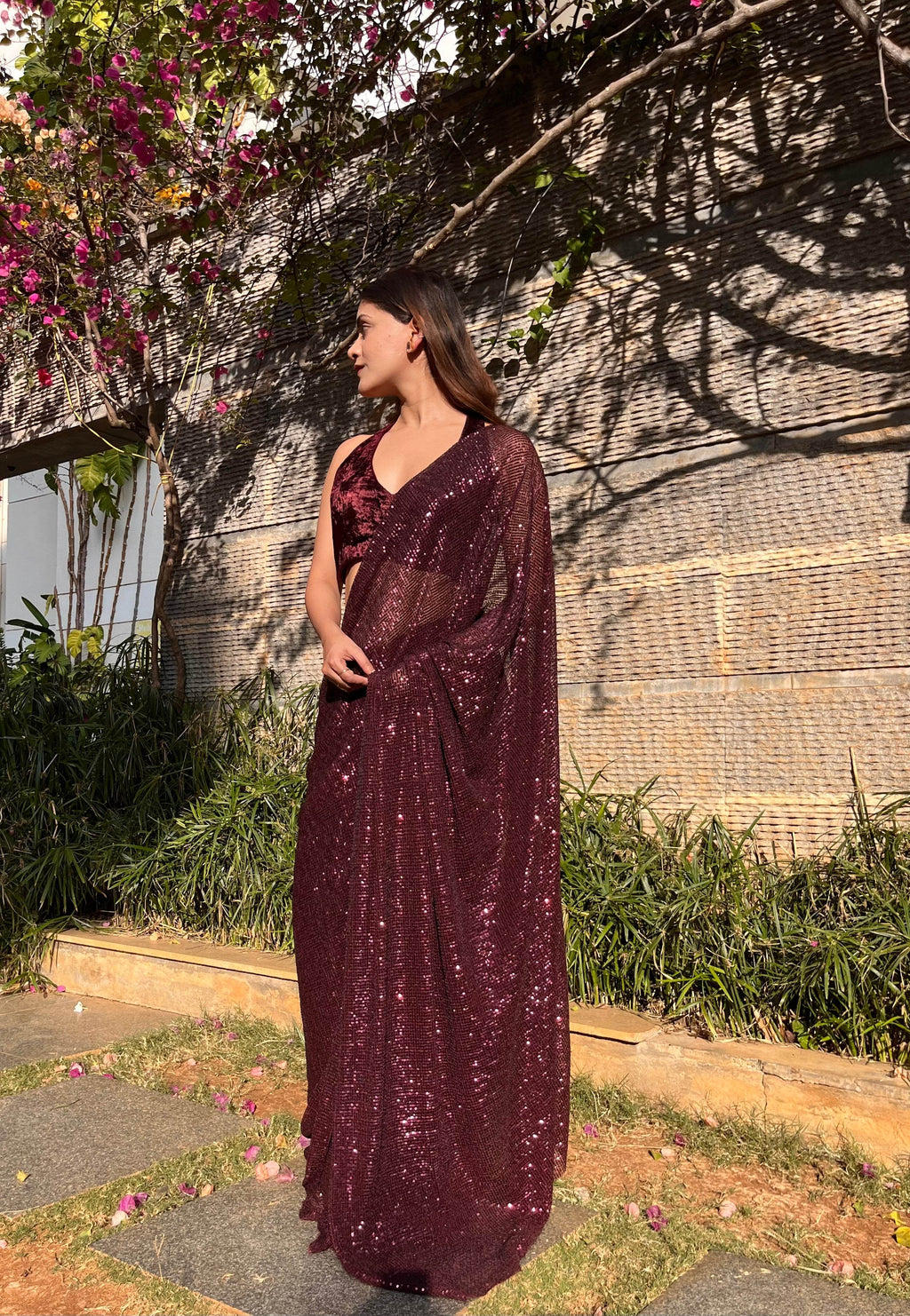 Crushed Sequin Saree - Wine - That Gal