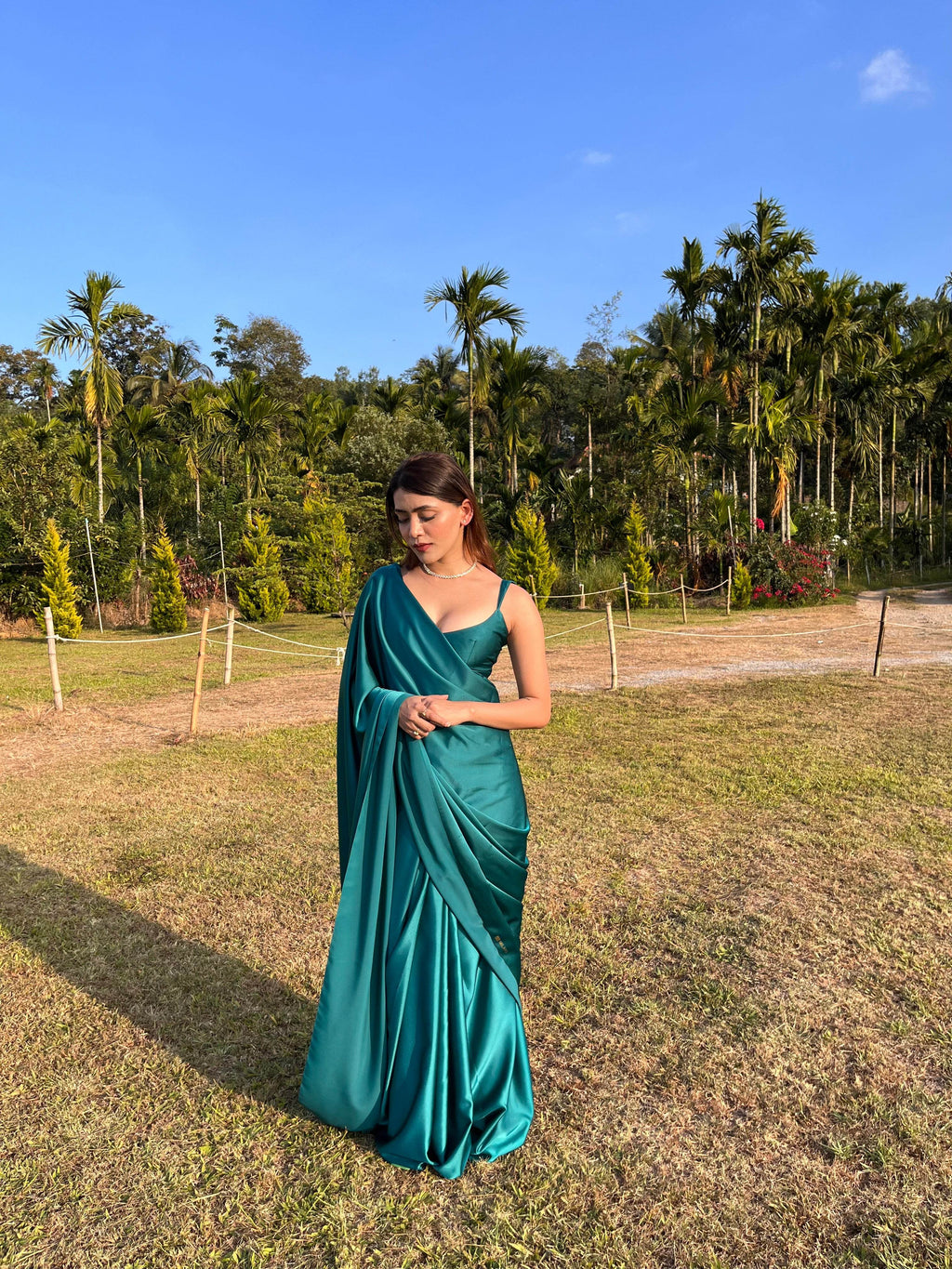 Emerald Green Satin Saree - That Gal