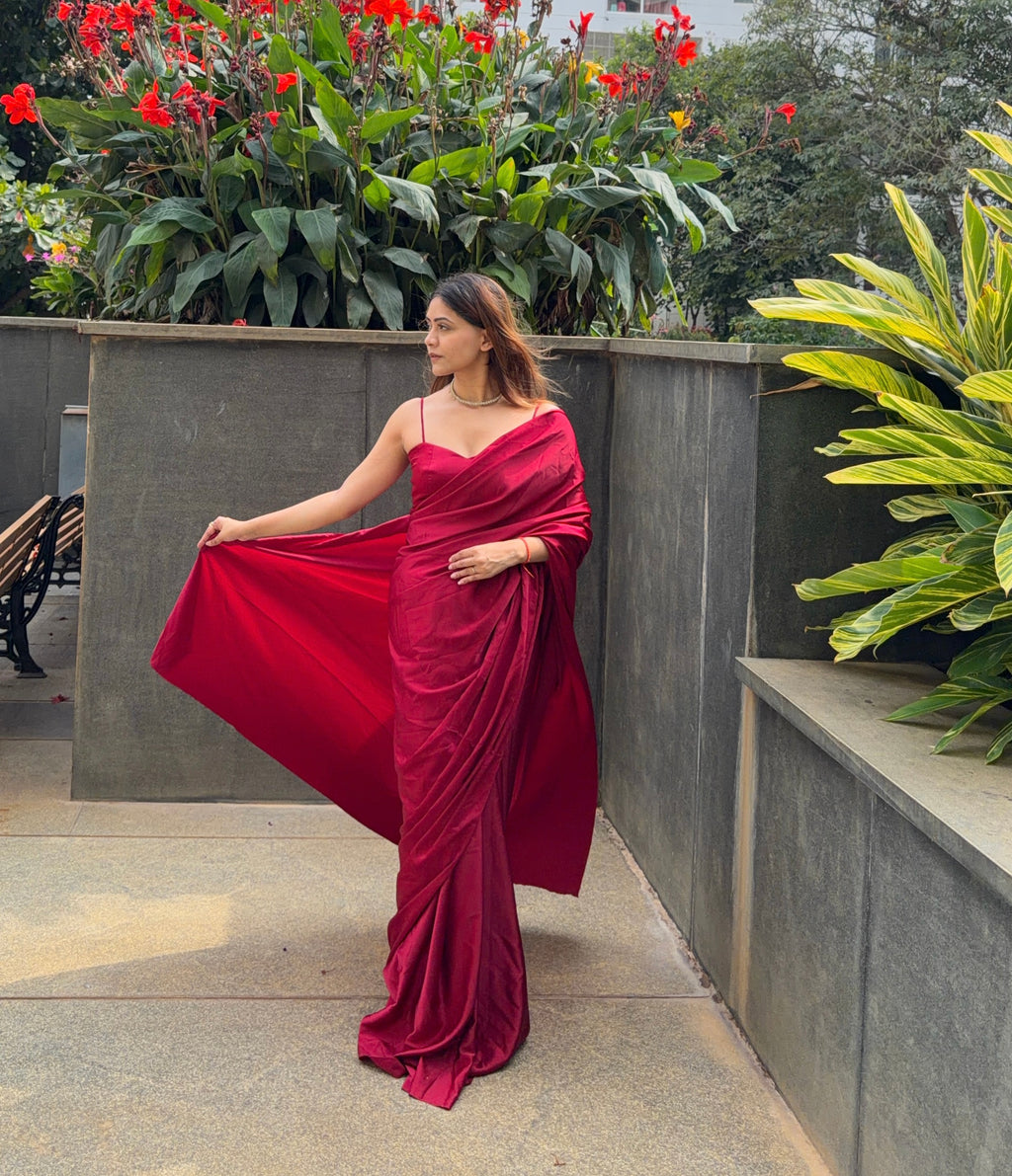 Deep Red Premium Satin Saree