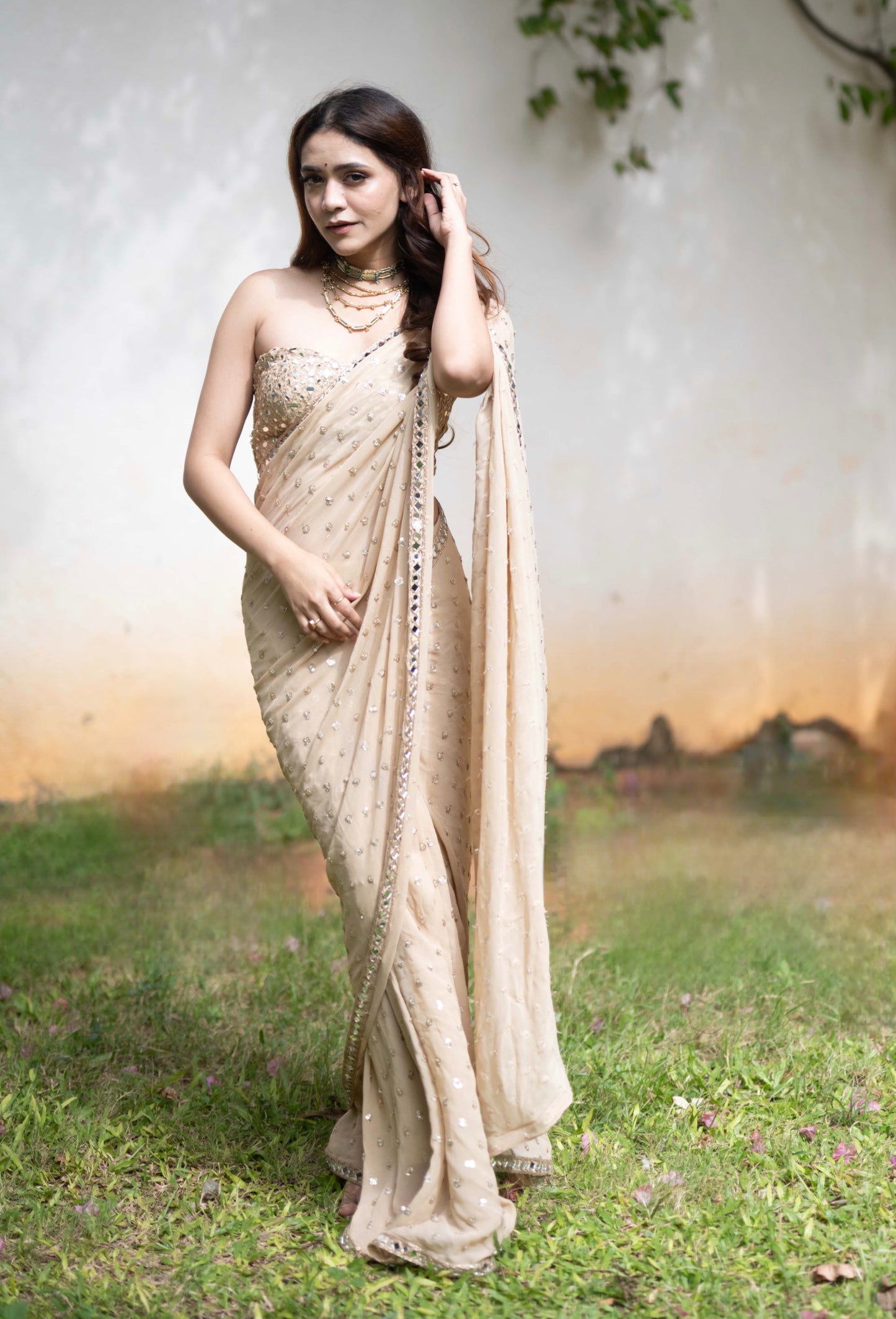 Gold Mirror work Saree