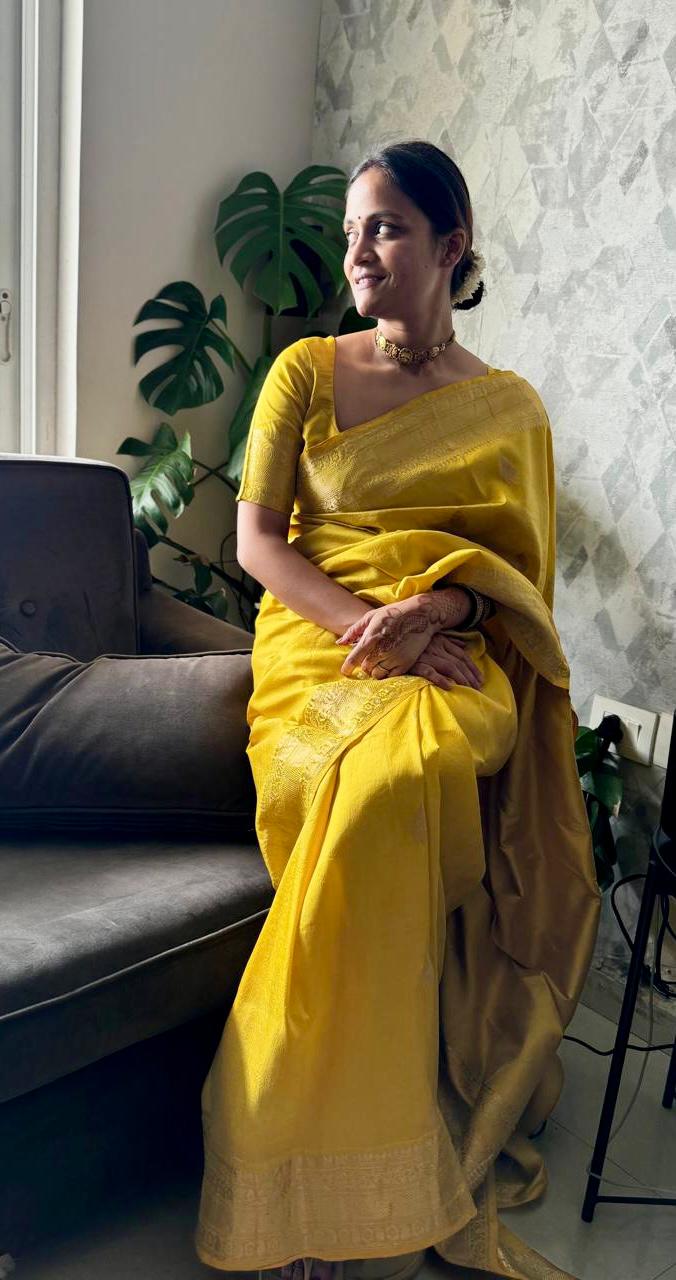 Yellow pure silk saree