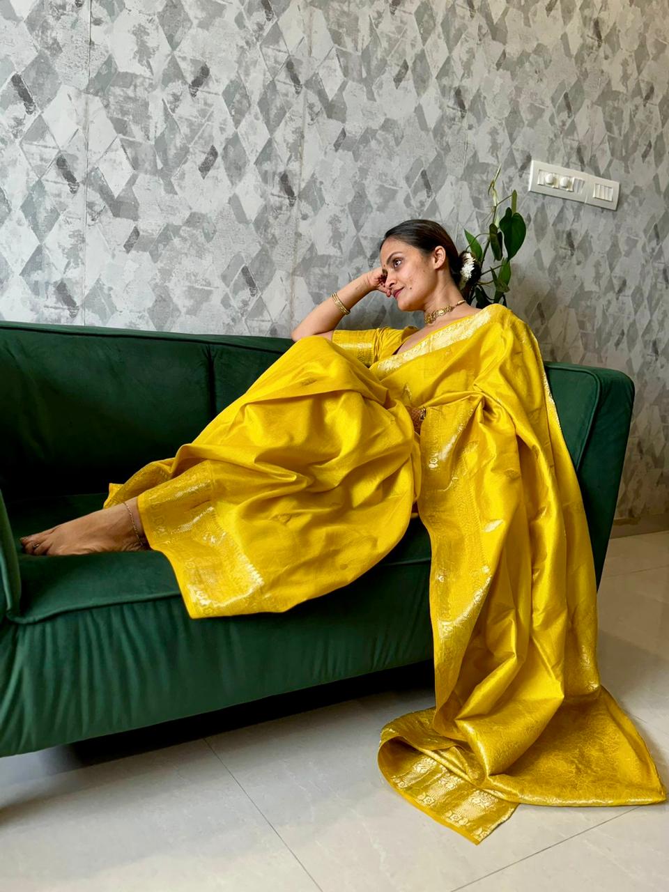 Yellow pure silk saree