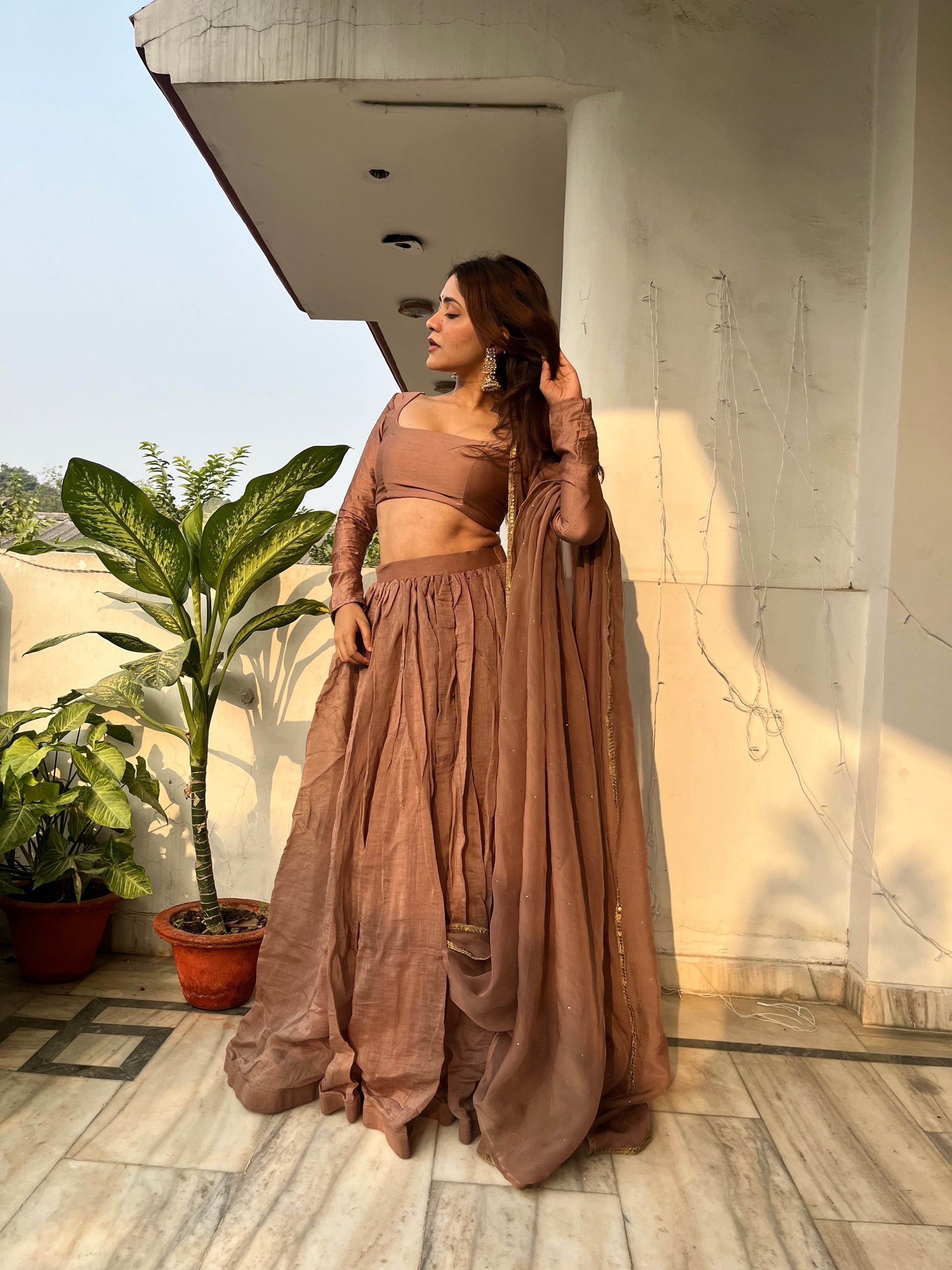 Mocha Mul Chanderi Lehenga Set - That Gal
