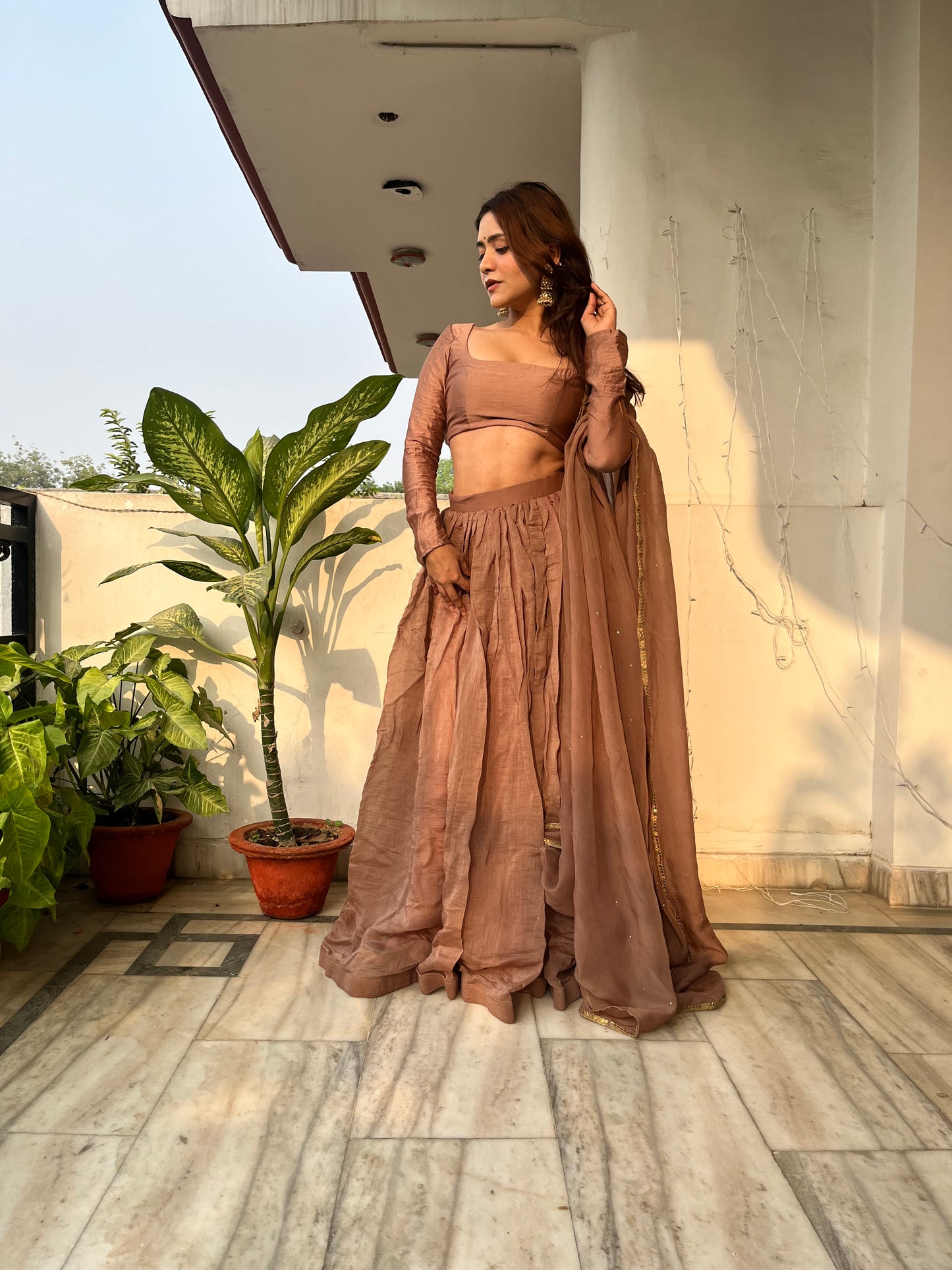 Mocha Mul Chanderi Lehenga Set