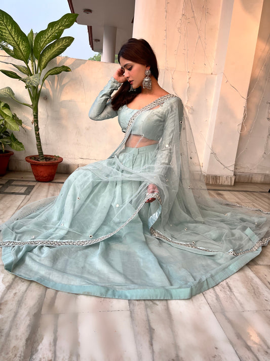 Powder Blue Mul Chanderi Lehenga Set With Mirror Work Dupatta