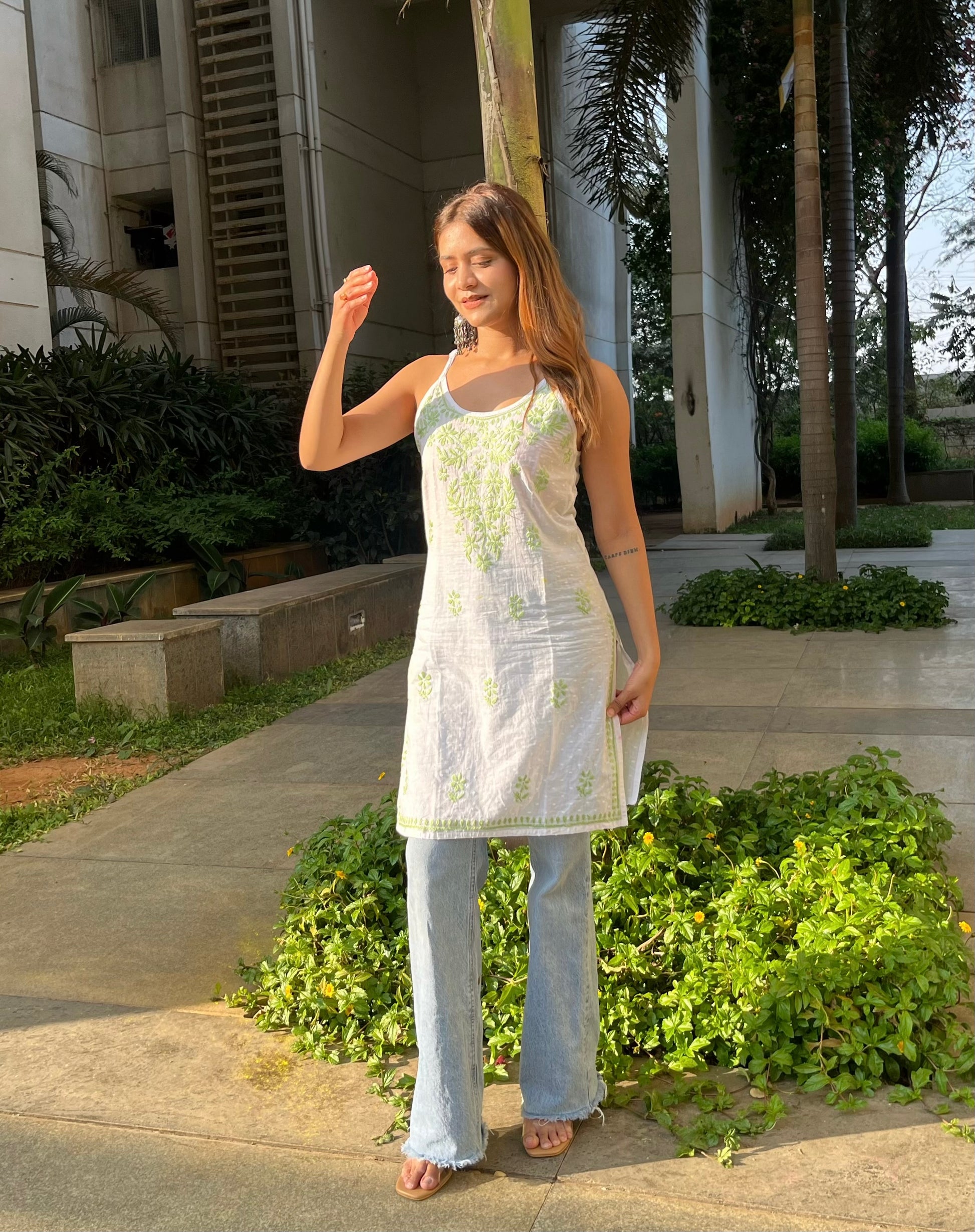 Hand Embroidered Chikankari Kurti - White & Green