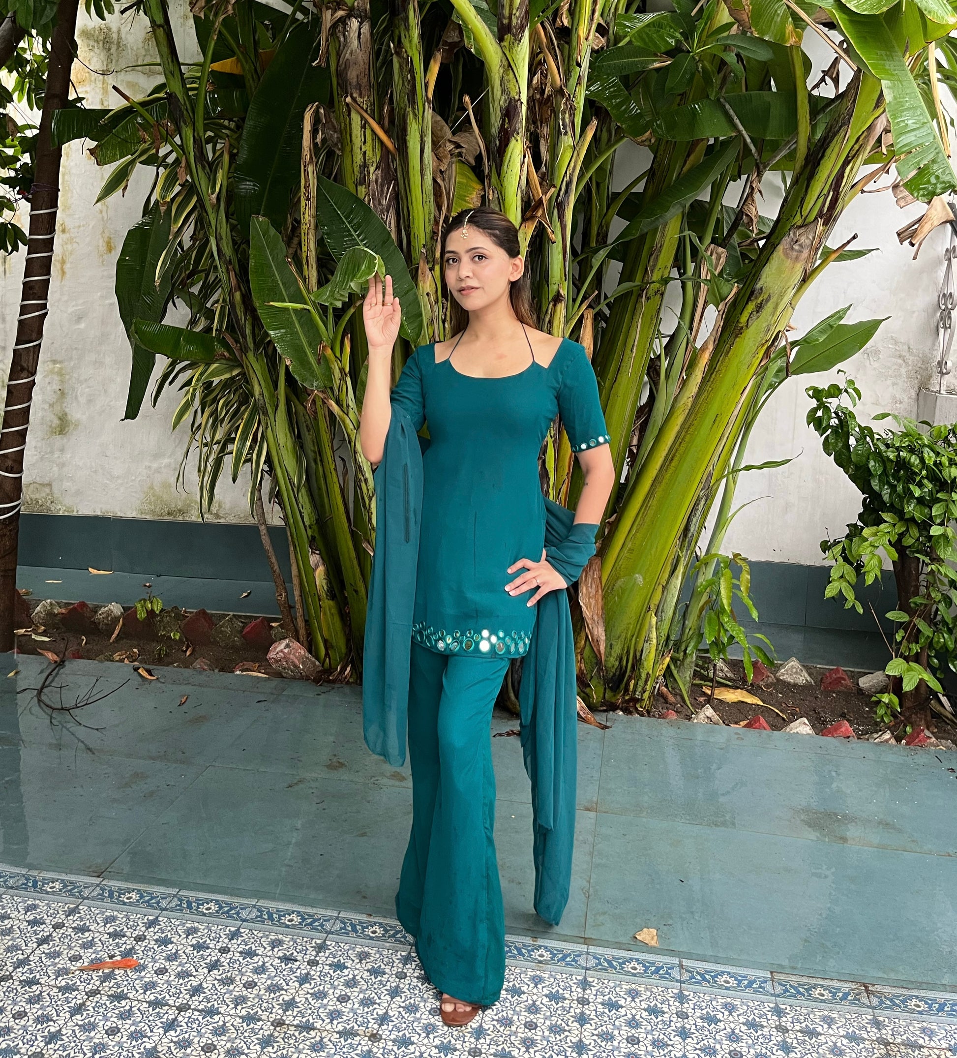 Mehtab Mirror Work Set - Teal Green