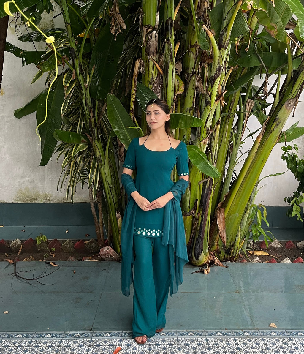 Mehtab Mirror Work Set - Teal Green
