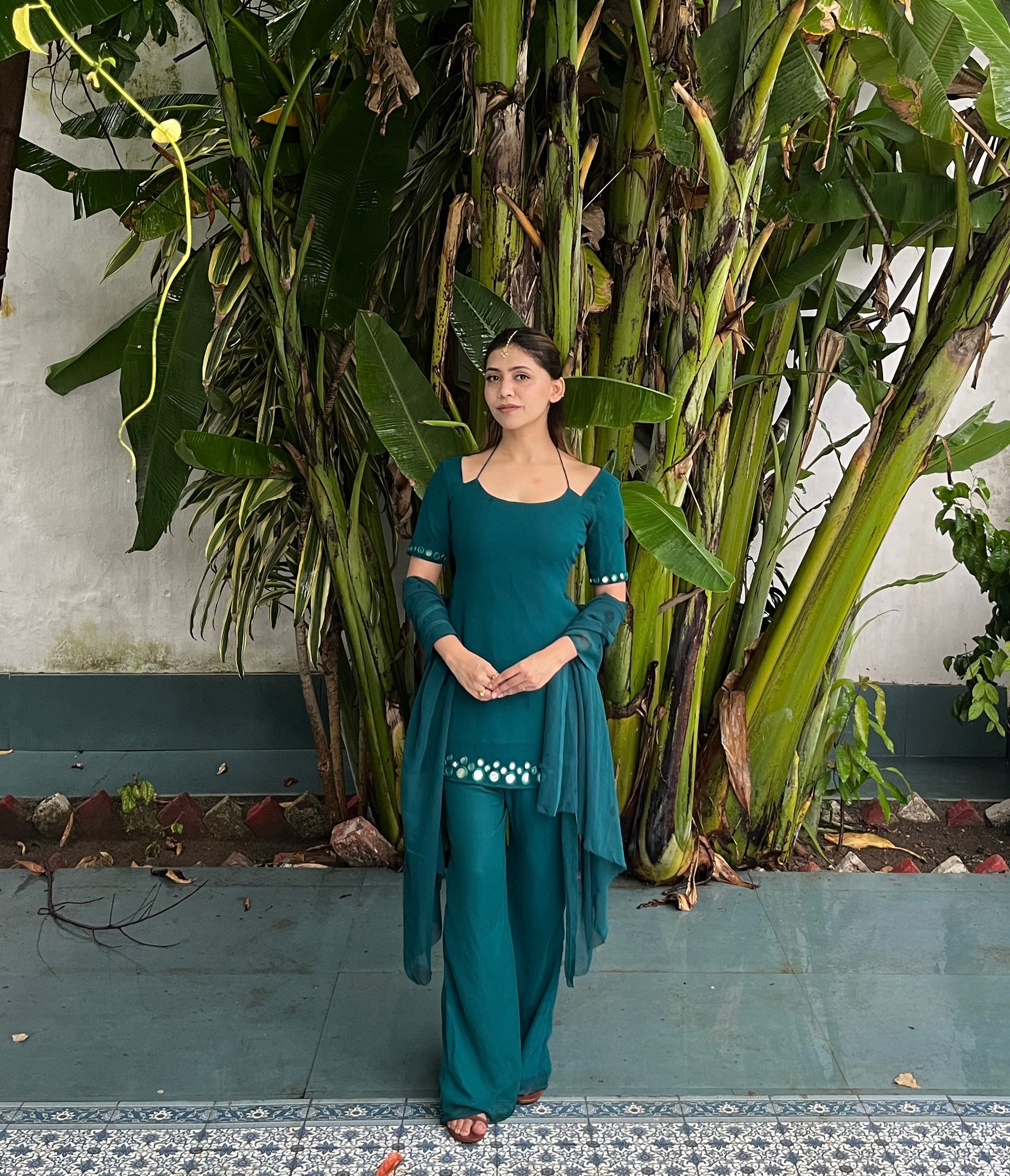 Mehtab Mirror Work Set - Teal Green