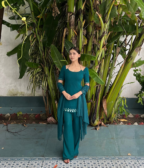 Mehtab Mirror Work Set - Teal Green
