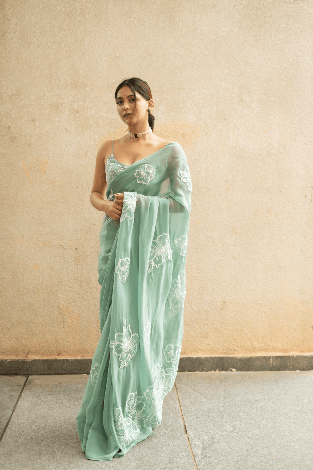 Apsara Hand Embroidered Saree - Sea Blue - That Gal