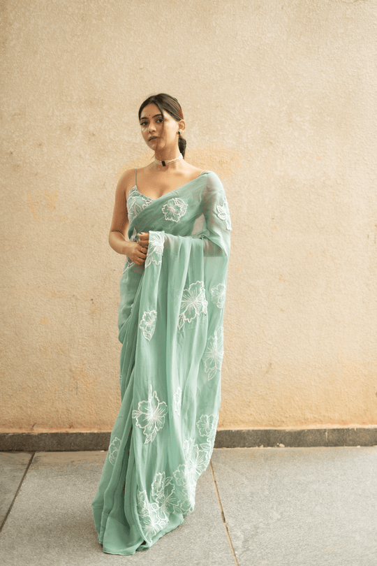 Apsara Hand Embroidered Saree - Sea Blue