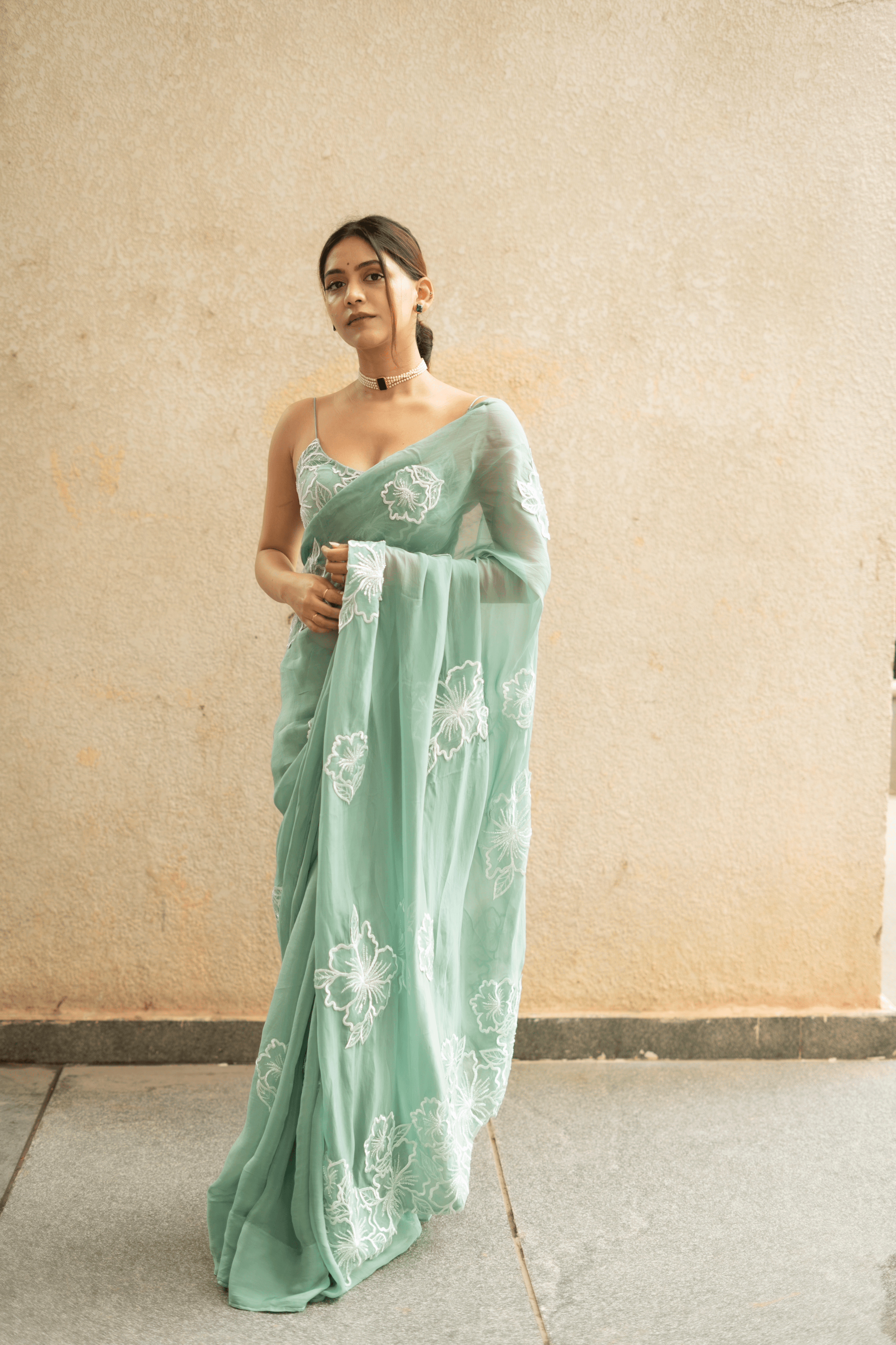 Apsara Hand Embroidered Saree - Sea Blue - That Gal