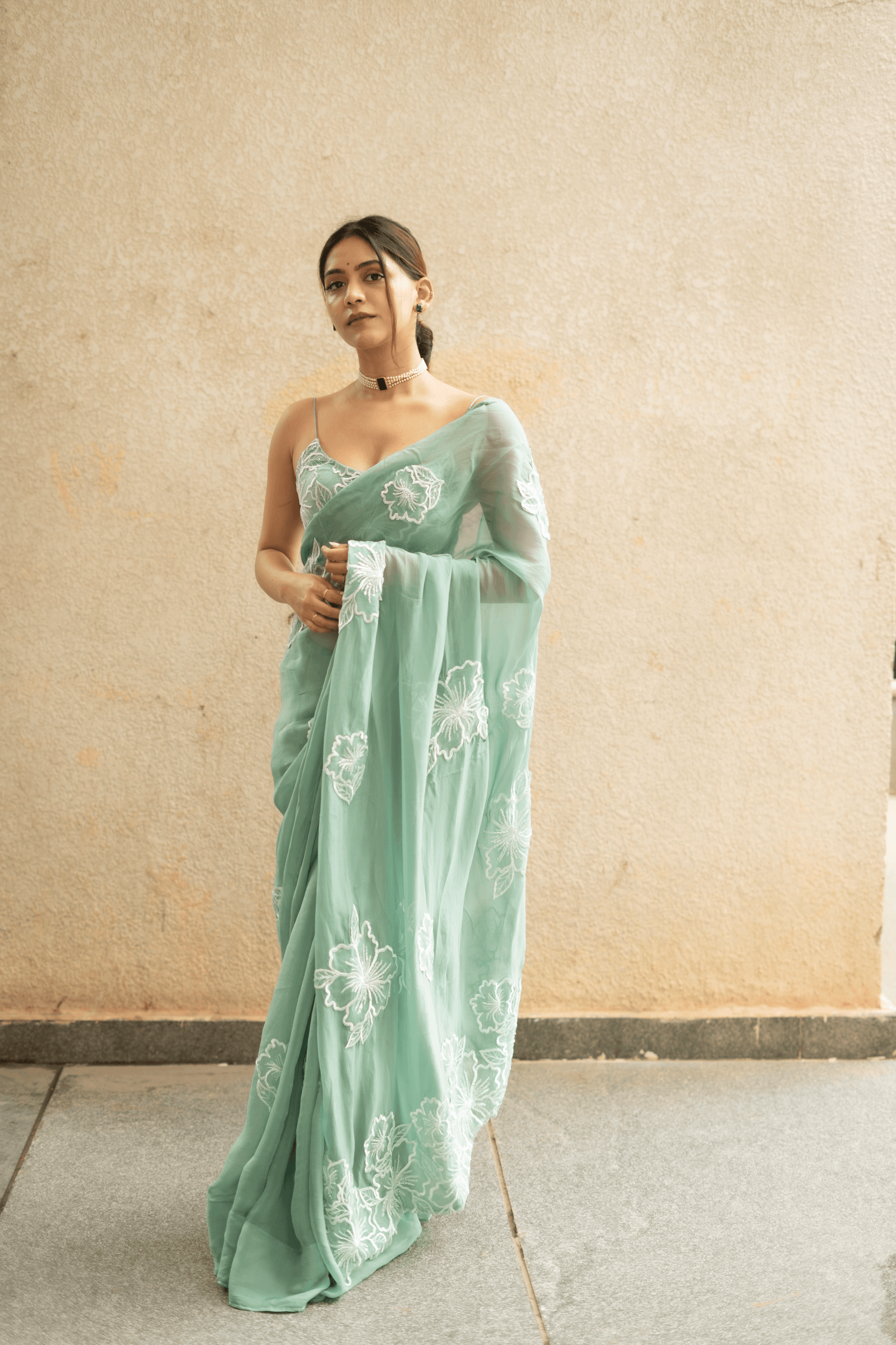 Apsara Hand Embroidered Saree - Sea Blue - That Gal