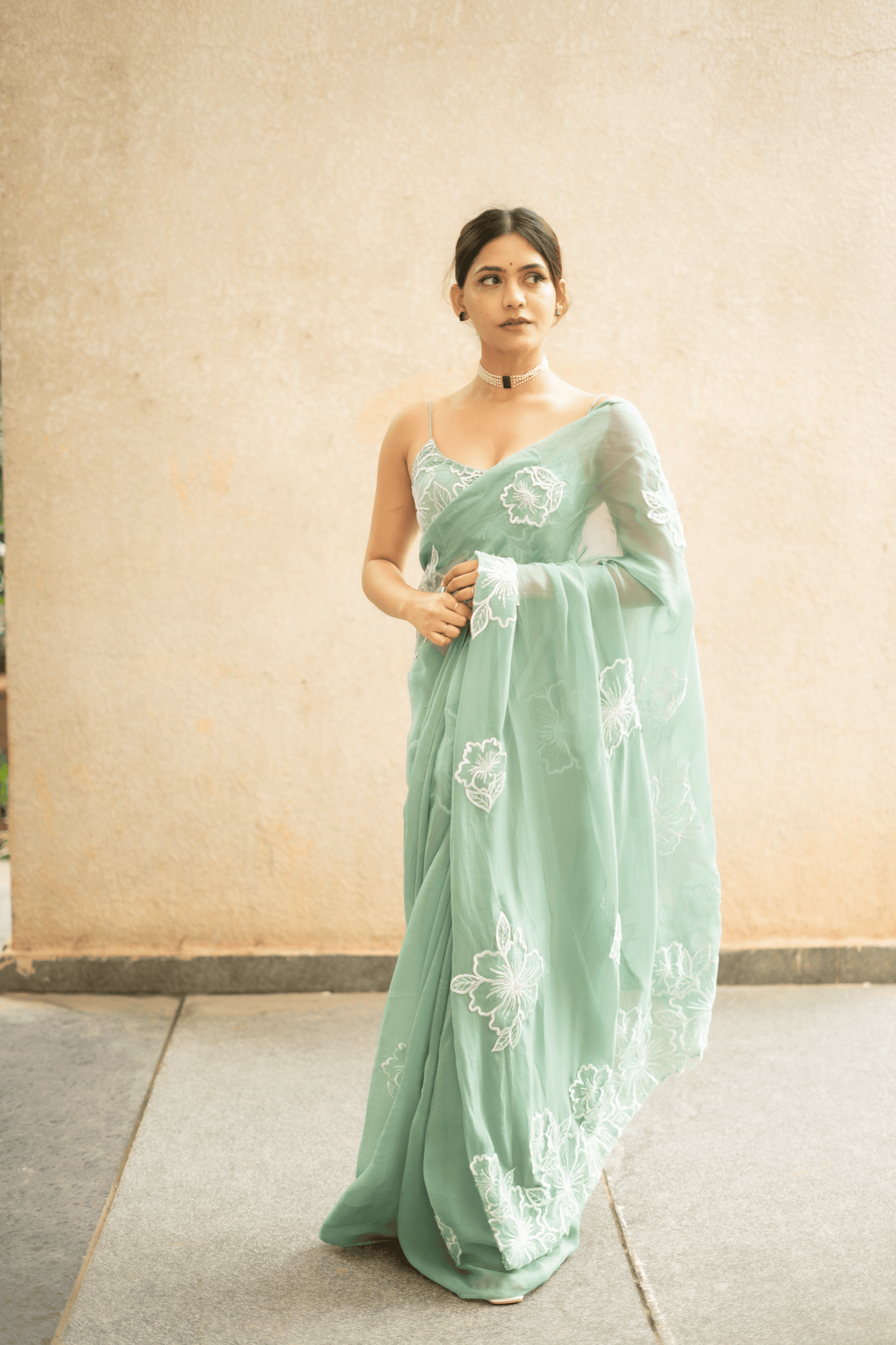 Apsara Hand Embroidered Saree - Sea Blue - That Gal