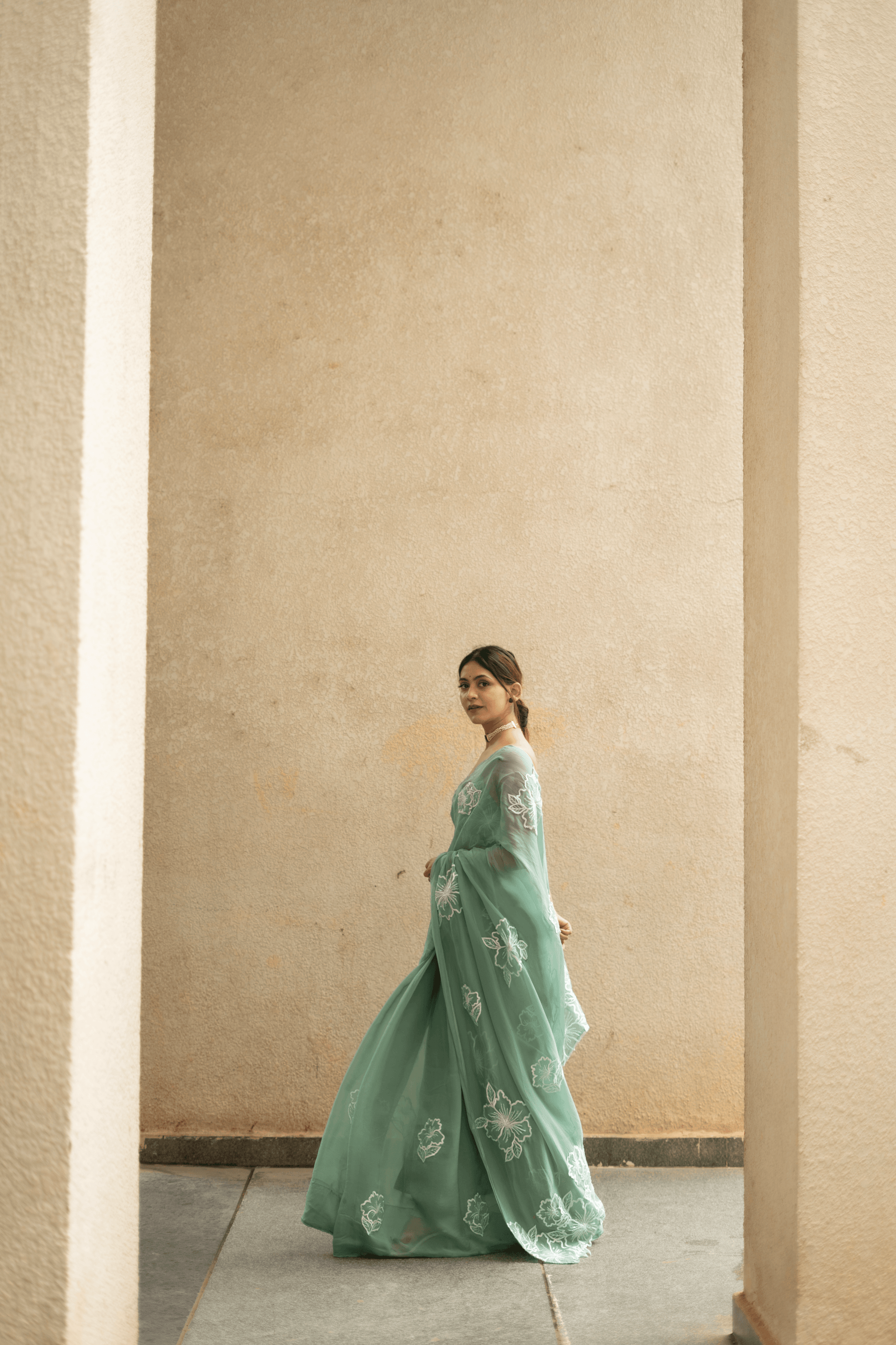 Apsara Hand Embroidered Saree - Sea Blue - That Gal