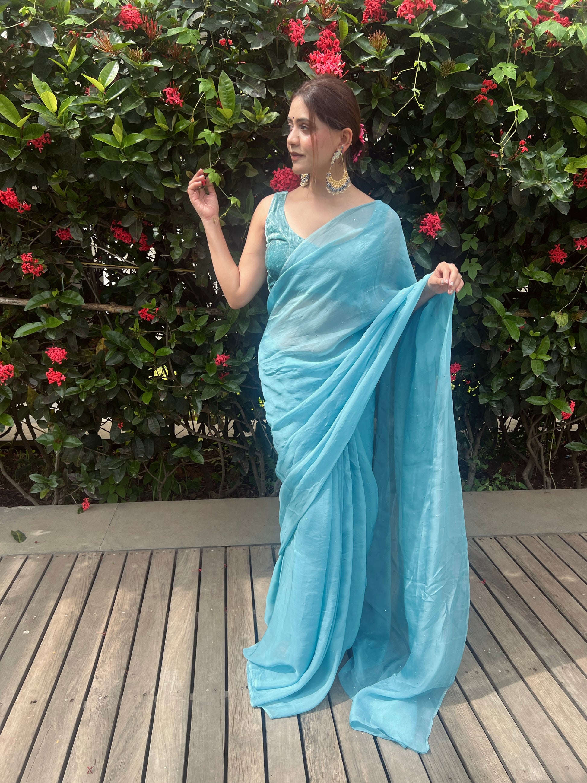 Raha - Blue Mukaish Organza Saree