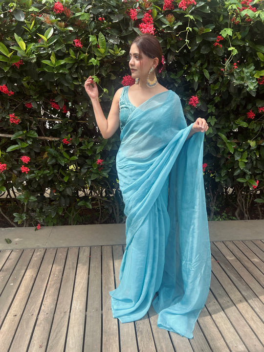 Raha - Blue Mukaish Organza Saree