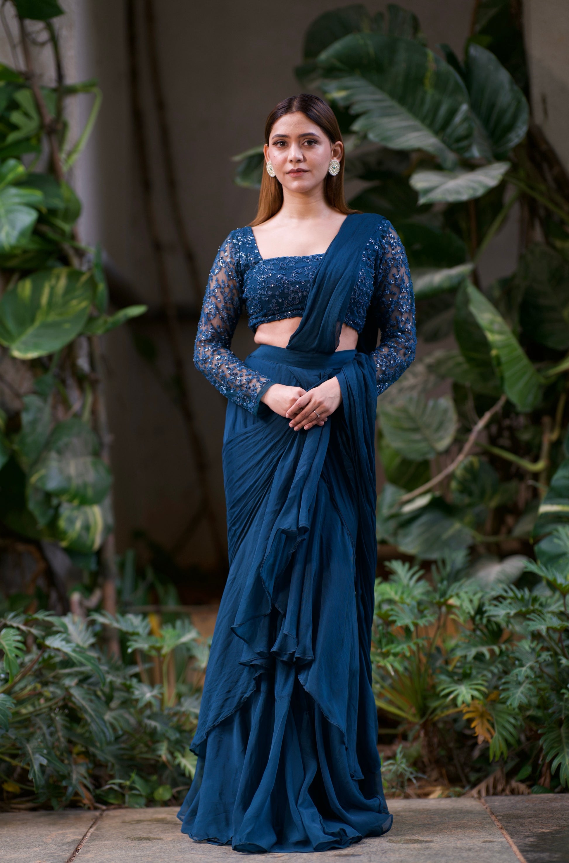 Nyra - Persian Blue Ruffled Saree Set