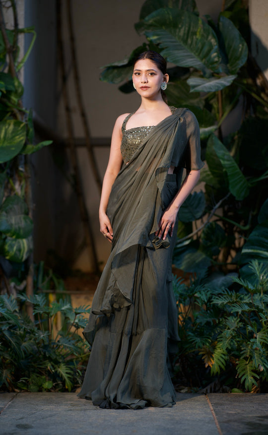 Malikah - Olive Ruffled Saree Set