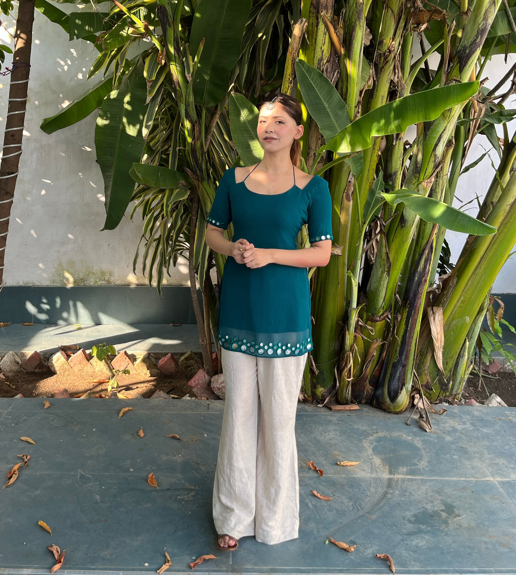 Laila Mirror Work Kurti - Teal Green