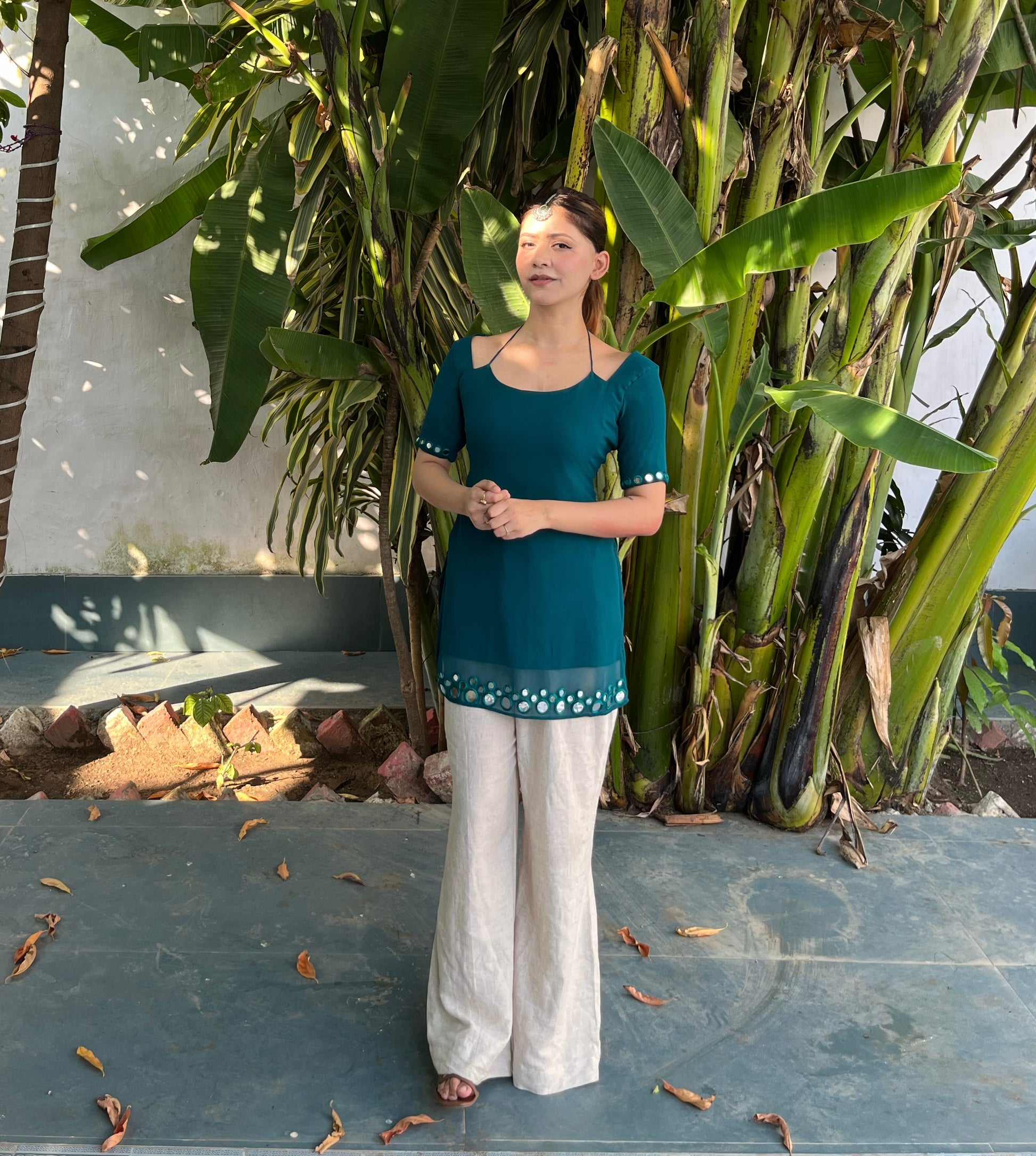 Laila Mirror Work Kurti - Teal Green