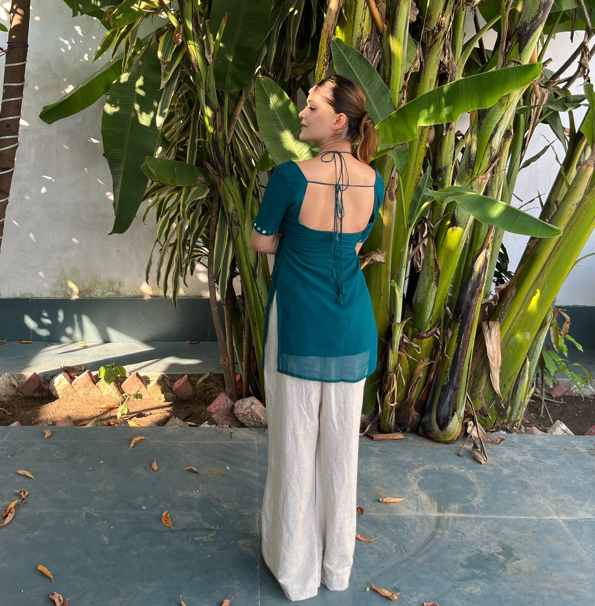 Beige Flared Linen Pants