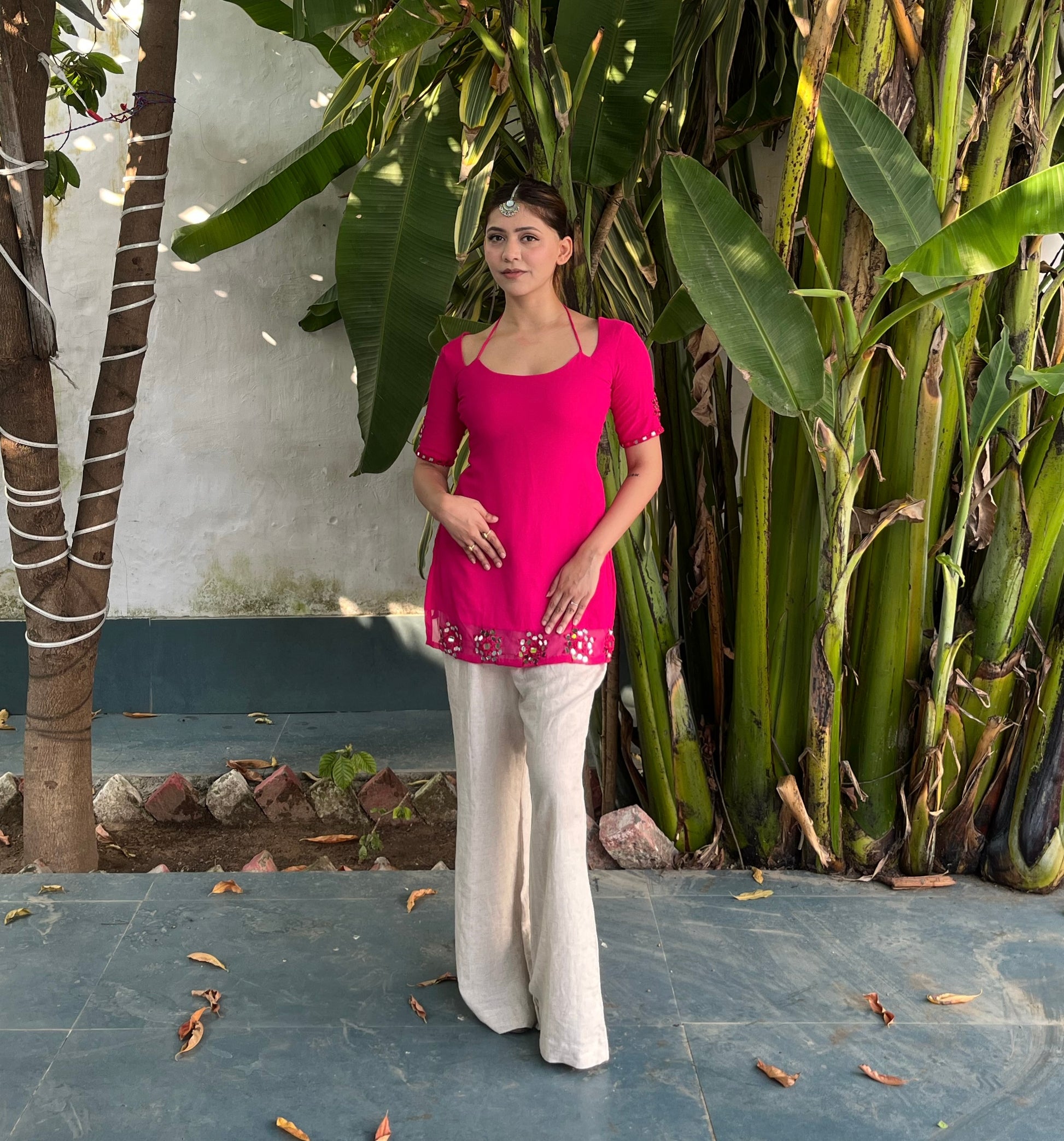 Laila Mirror Work Kurti - Raani Pink