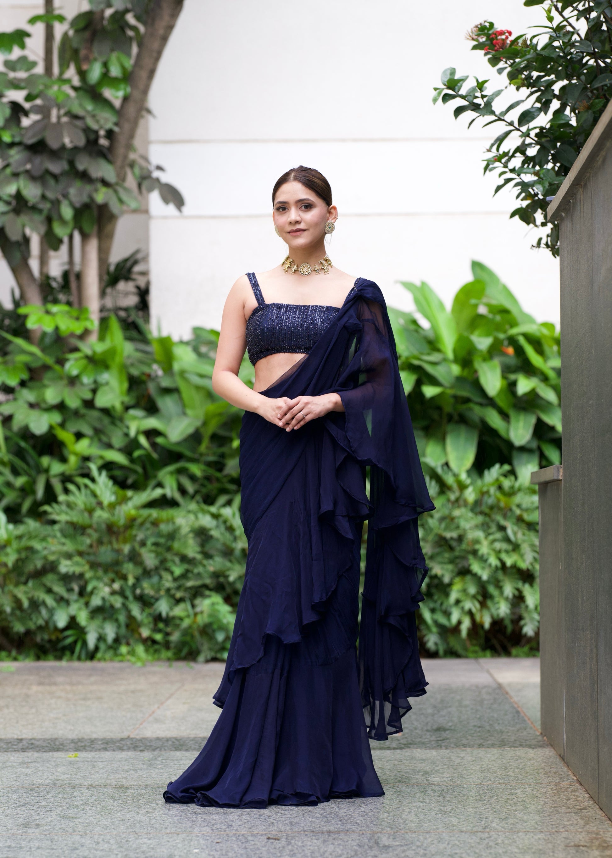 Alaaya - Navy Ruffled Saree Set