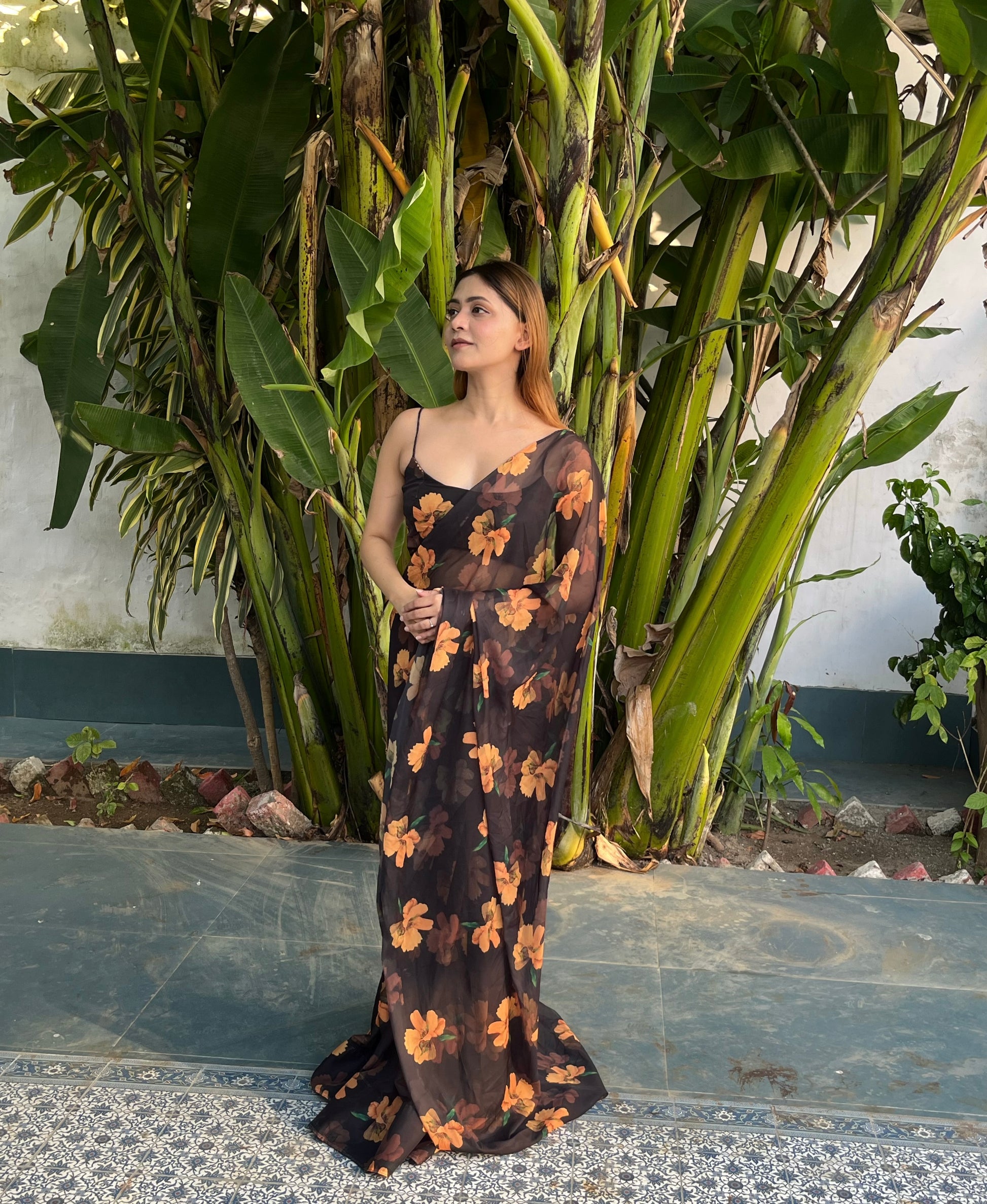 Black & Yellow Organza Saree Set