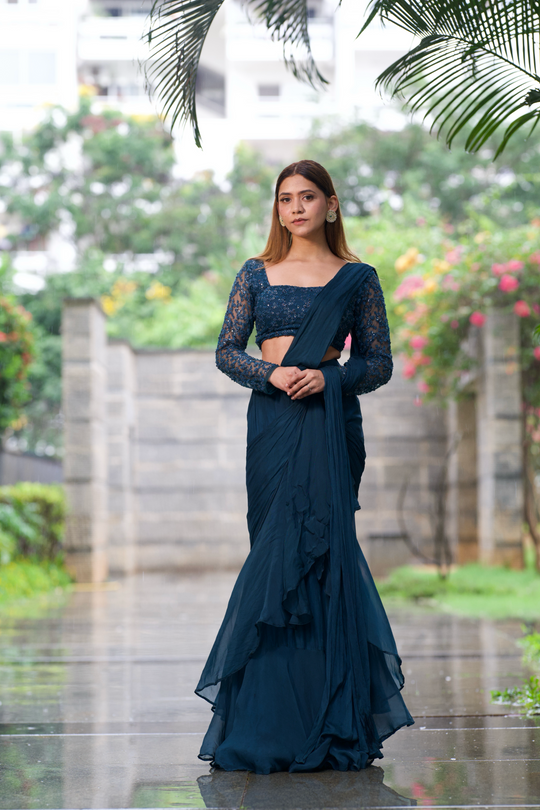 Nyra - Persian Blue Ruffled Saree Set