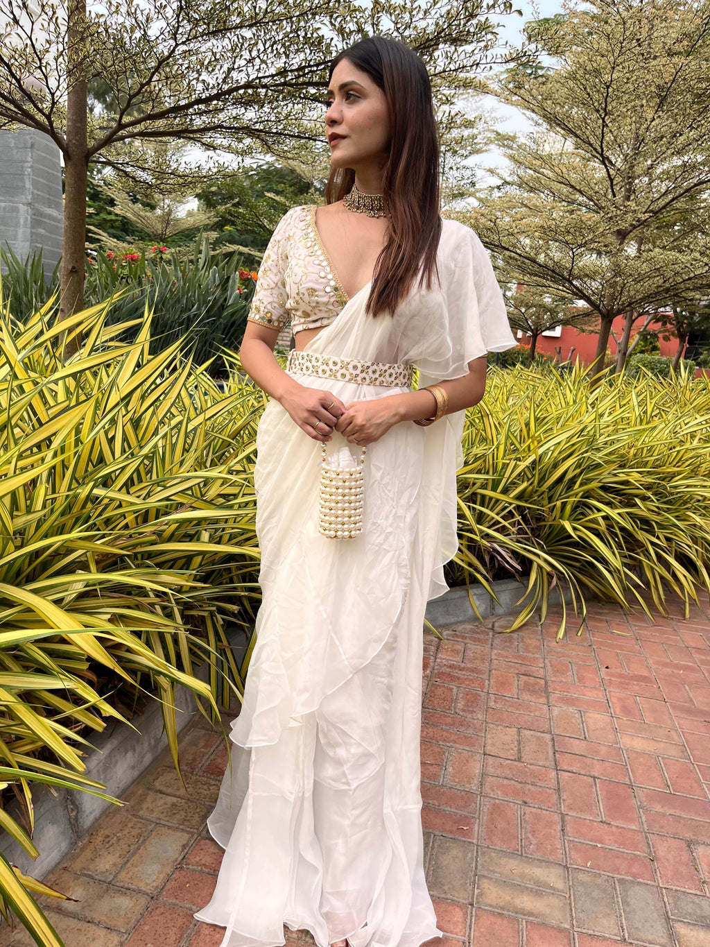 White Pre-Stitched Saree with Ruffle Detail - That Gal