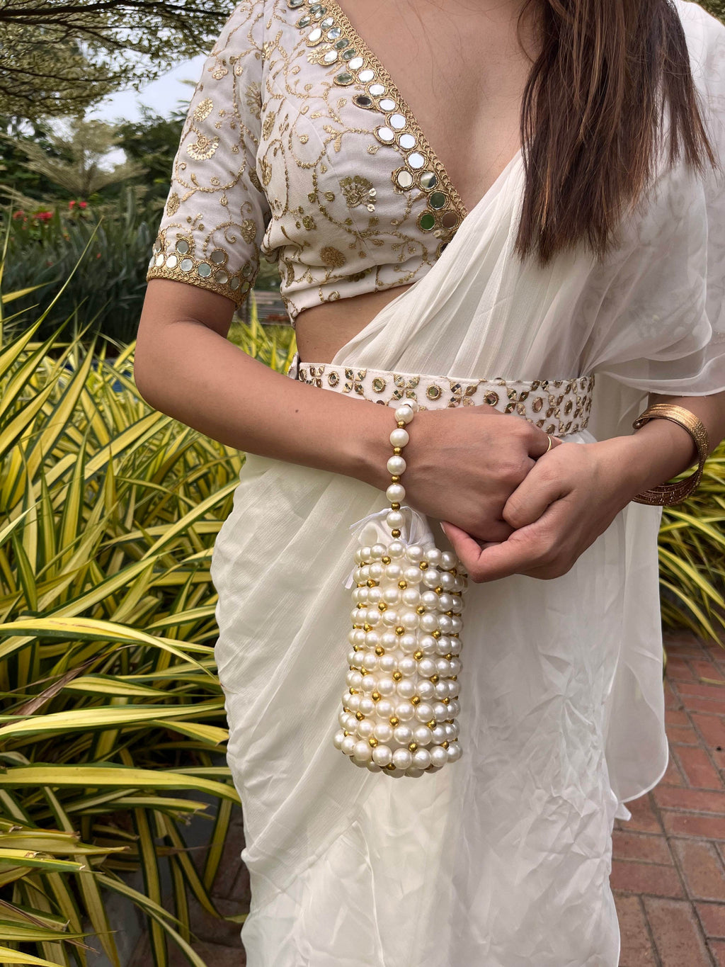 White Pre-Stitched Saree with Ruffle Detail - That Gal