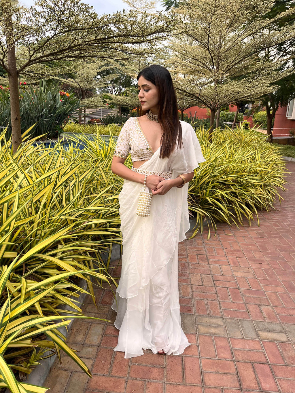 White Pre-Stitched Saree with Ruffle Detail - That Gal