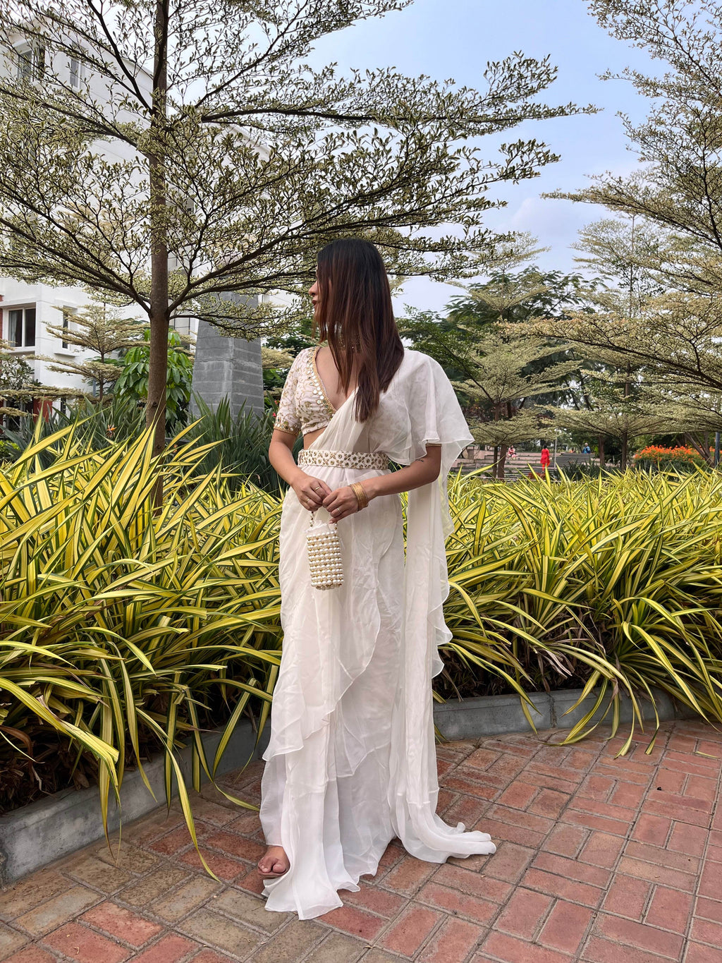 White Pre-Stitched Saree with Ruffle Detail - That Gal