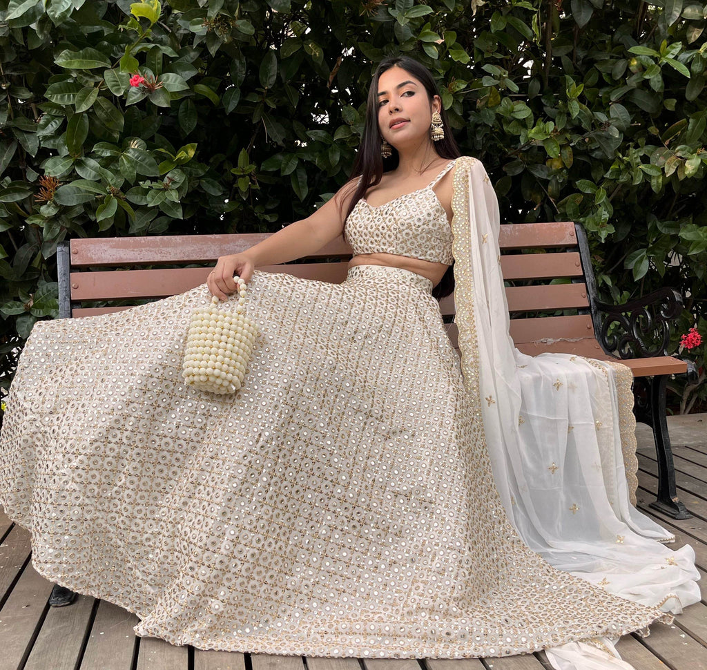 Ivory Lehenga Set with Gold and Mirror work - That Gal