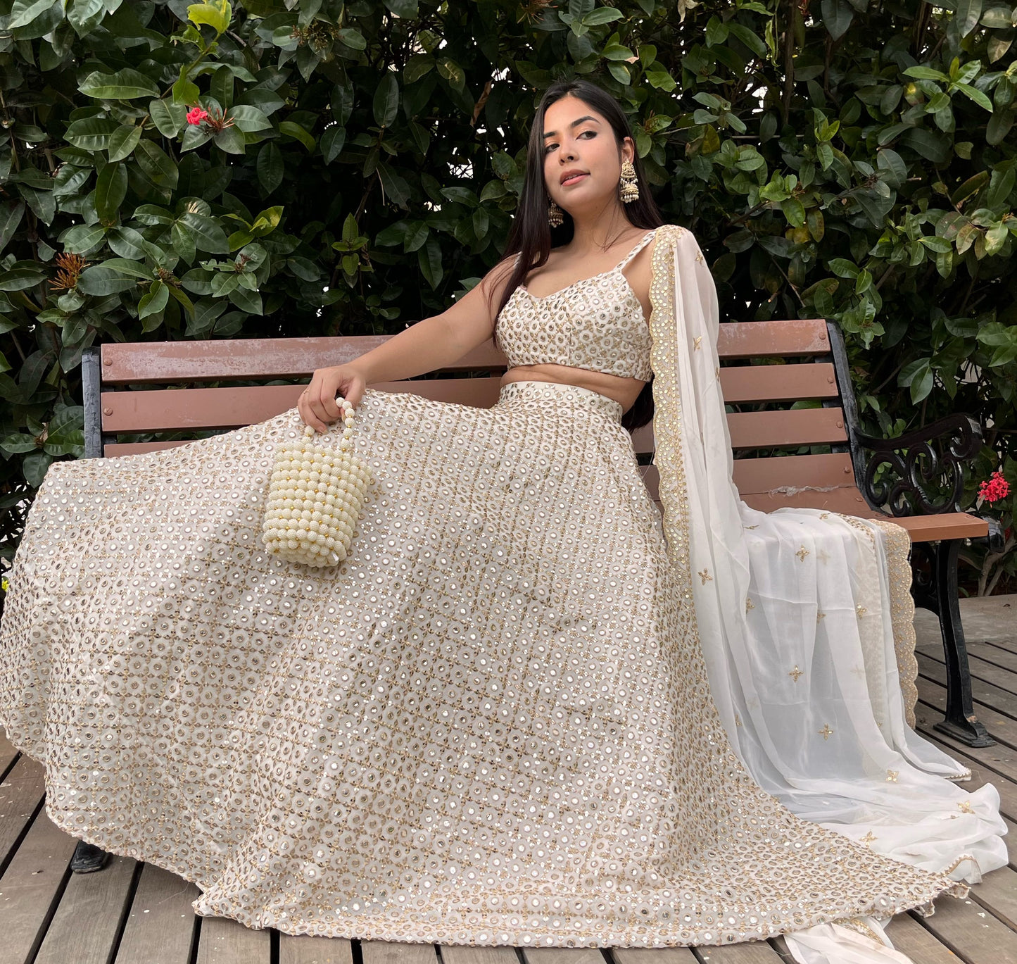 Ivory Lehenga Set with Gold and Mirror work