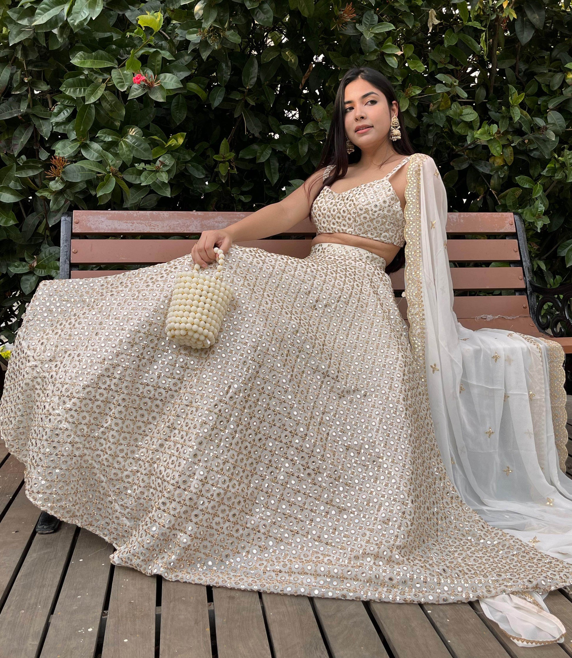 Ivory Lehenga Set with Gold and Mirror work - That Gal