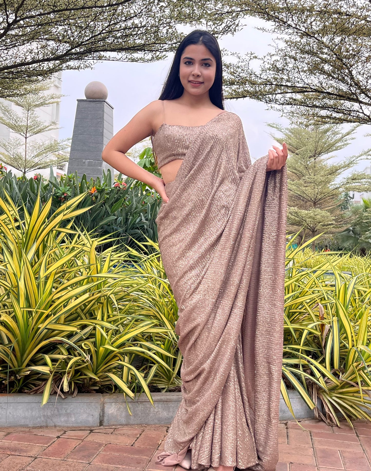 Pre-stitched Sequin Saree - Metallic Gold