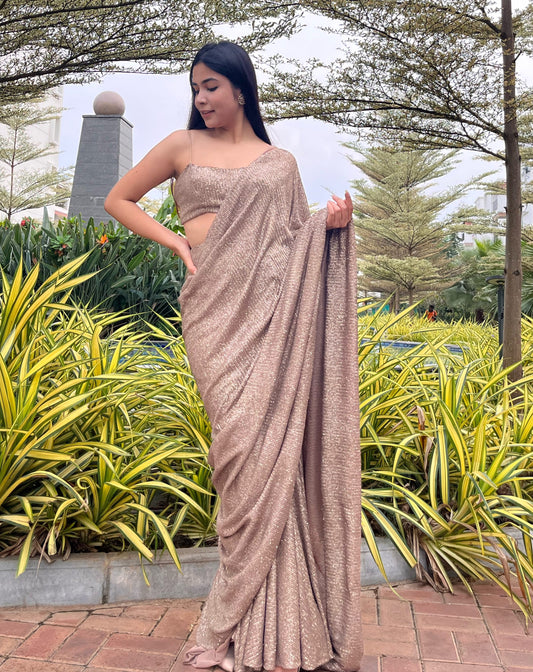 Pre-stitched Sequin Saree - Metallic Gold