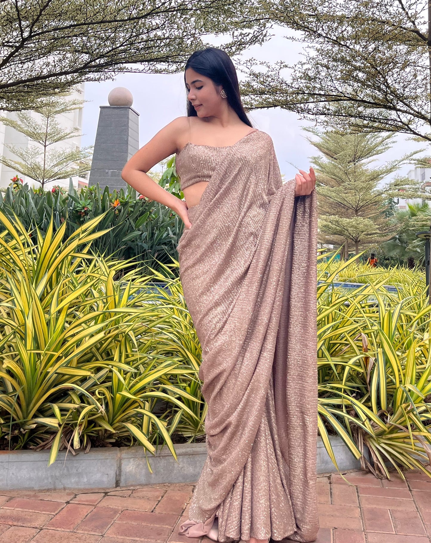 Pre-stitched Sequin Saree - Metallic Gold