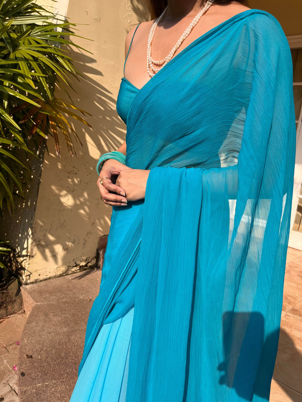Ombre Chiffon Saree - Sea Blue - That Gal