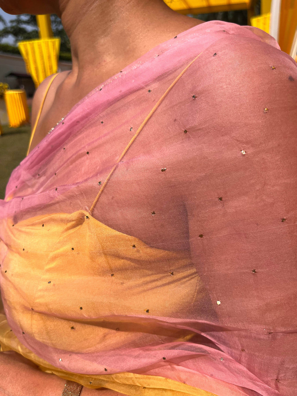 Pink & Yellow Mukaish Work Saree - That Gal