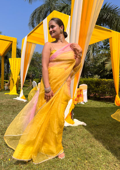 Pink & Yellow Mukaish Work Saree