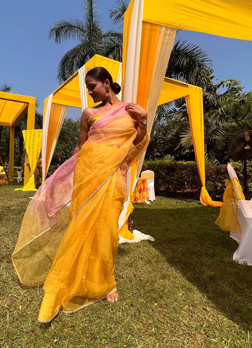Pink & Yellow Mukaish Work Saree - That Gal