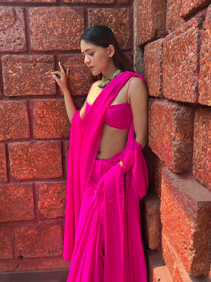 3 Piece Hot Pink Saree Set