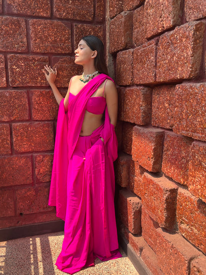 3 Piece Hot Pink Saree Set