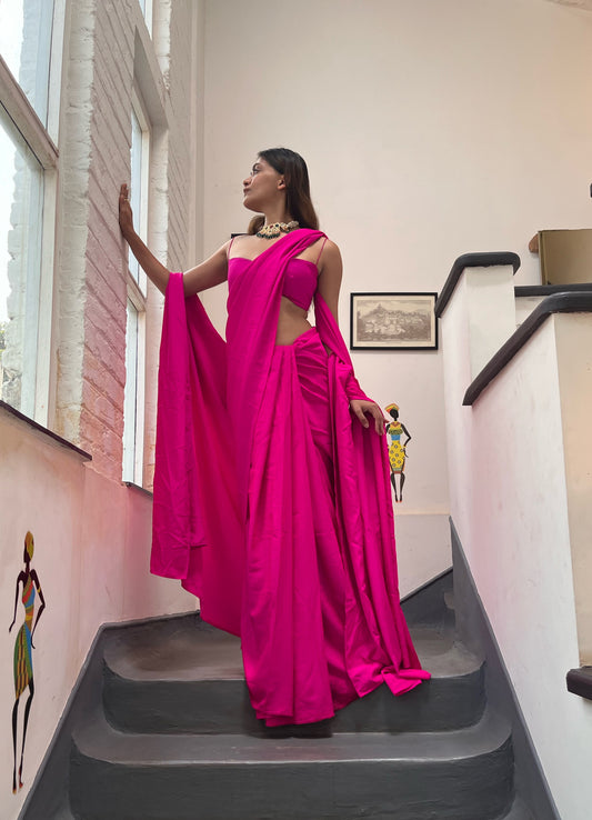 3 Piece Hot Pink Saree Set